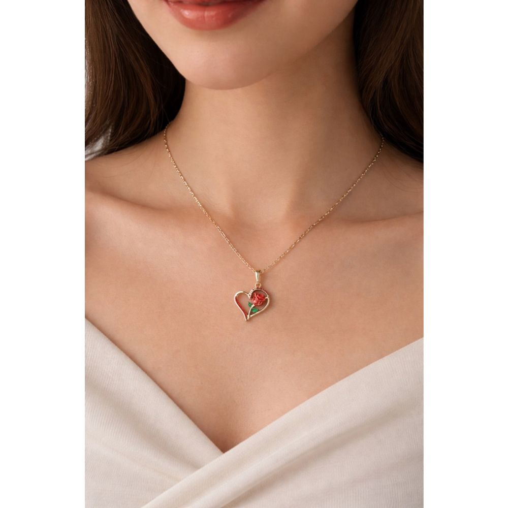 14K Gold Plated Women's Rose Heart Pendant Necklace